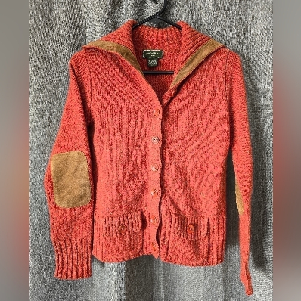 Eddie Bauer Cardigan Vintage Orange Retro 1990s Y2K Elbow Patch Button Up XS